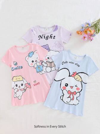 3 件套婴儿女孩可爱动物印花睡衣裙套装，浅粉色、浅紫色和浅蓝色组合