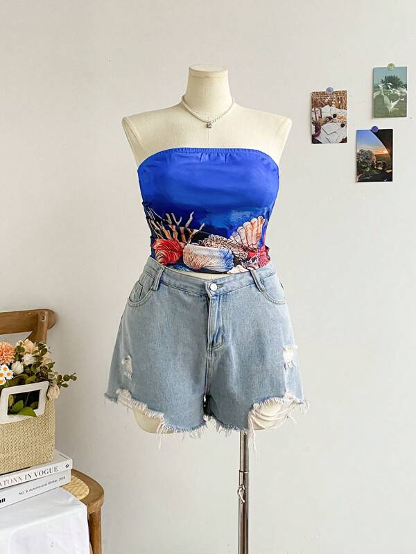 SHEIN WYWH Plus Size Women Colorful Retro Cashew Print Tube Top For Vacation, Autumn/Winter