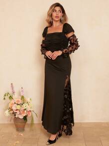 Roveilla Vrouwen Plus Size Elegante Romantische 3D Bloem Off Shoulder Lange Mouw Jurk