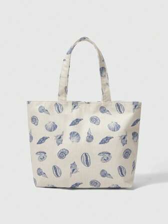 Fairycore Women's Large Capacity Shell Pattern Tote Bag, Zipper Handbag, Convenient And Simple To Carry, Suitable For School, Work, Camping And Beach | Washable, Multipurpose Tote Bag