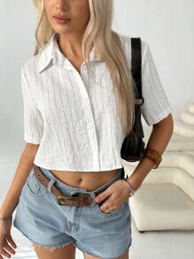 SHEIN EZwear Blusa de mujer a rayas en rosa, minimalista y con estilo, apropiada para el verano - Blanco - Ver 3