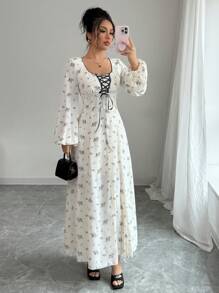 Modelyn 女士优雅编织花卉印花黑色系带袖口长袖 A 字形连衣裙，春夏