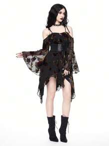 ROMWE Goth Vestido corto con mangas acampanadas, bajo asimétrico y transparente con estampado floral, estilo gótico para novia, primavera