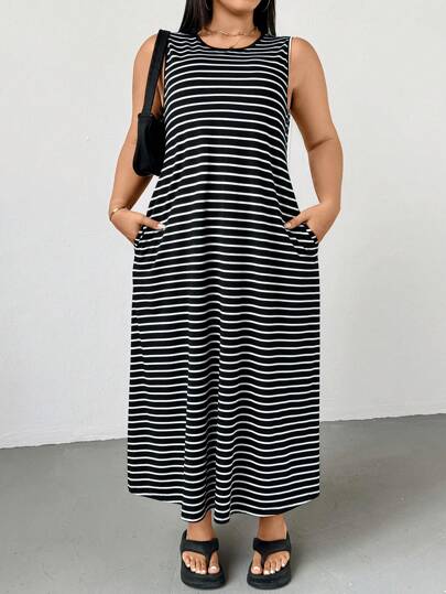 SHEIN Essnce Vestidos de verano para mujer de talla grande, vestidos de verano para mujer, vestidos de vacaciones para mujer, vestidos de verano para mujer, vestidos de graduación, vestidos informales de oficina para mujer, vestidos de oficina para mujer, vestidos de graduación, nuevo estilo casual para ir al trabajo, vestido sin mangas a rayas con bolsillos, vestido largo, vestido de línea A, vestido a rayas blanco y negro, vestido informal