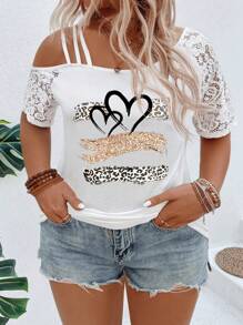 INAWLY Plus Size Asymmetrical Lace Collar Short Sleeve Leopard And Heart Print Casual T-Shirt, Spring/Summer