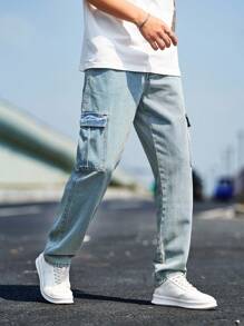 Manfinity Homme Men's Utility Pockets Straight-Leg Casual Versatile Denim Jeans - Light Wash - View 3