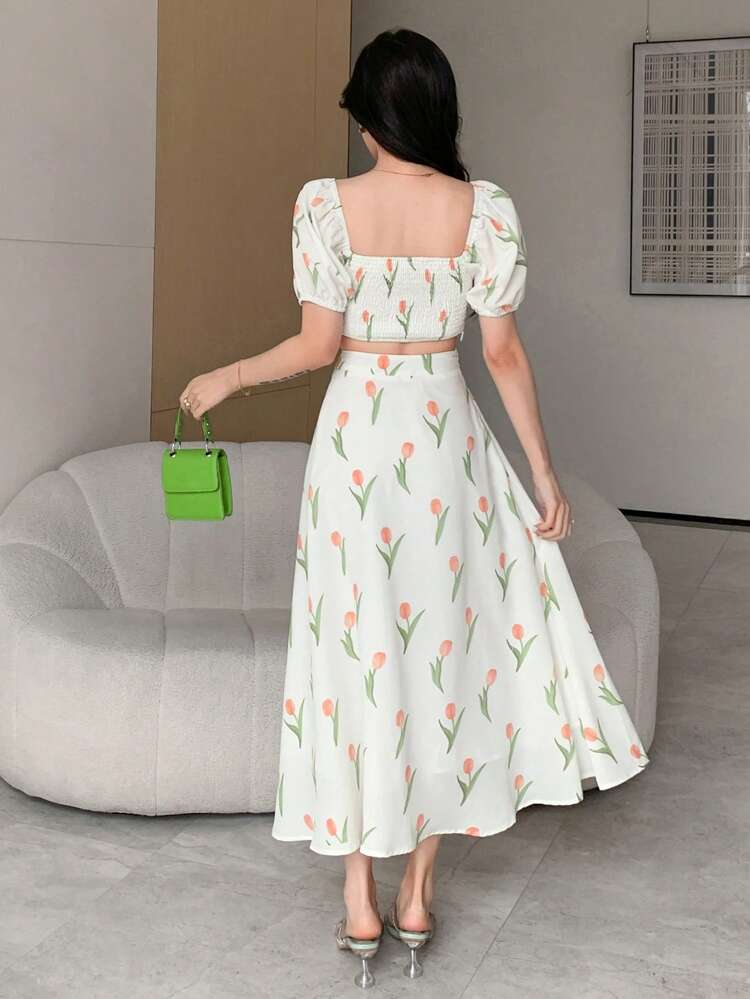 2pcs Women Full Floral Top And Skirt Set
