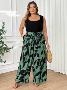 SHEIN CURVE+ Plus Size Women's Belt Printed Patchwork Casual Jumpsuit, Summerbeach Outfits For Woman/Beach Dress/Beach Vacation Outfits/Beach Essentials / Graduation/Tea Party Dress