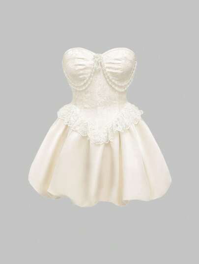 Fairycore Vintage viktorianischer Palast schwere Spitze Satin Perlen Brosche Dekor Frauen Große Größen Kurzkleid, staubiges Rosa