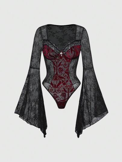 Gothic Romantic Valentine's Day Flocked Pattern Flare Sleeve Sexy Jumpsuit