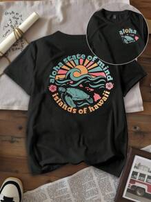 INAWLY Aloha Mindset 美学夏威夷冲浪海滩海龟印花夏日度假氛围女式 T 恤 - 黑色 - 查看 1