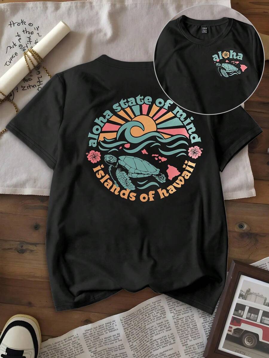INAWLY Aloha Mindset 美学夏威夷冲浪海滩海龟印花夏日度假氛围女式 T 恤 - 黑色 - 查看 1