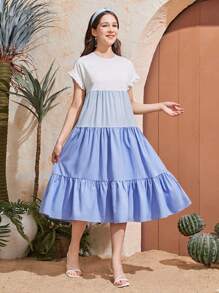 SHEIN 青少年（女）拼色拼接休闲度假连衣裙，适合休闲度假、聚会场合