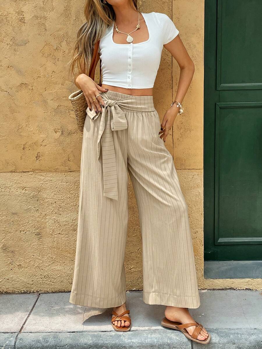 SHEIN Frenchy Women's Vacation Knotted Waist Striped Wide Leg Loose Pants Winter Casual - Apricot - View 1