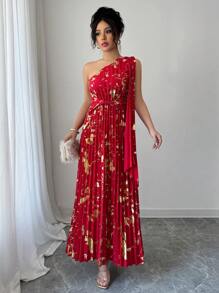 Elenzga Champagne Color Foil Textured Pleated Dress - Red - View 4