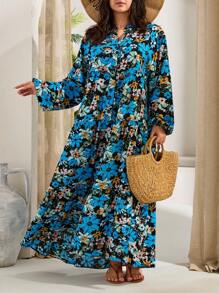 RueChic Women Floral Pattern Buttoned Curve Maxi Dress - Multicolor - View 3