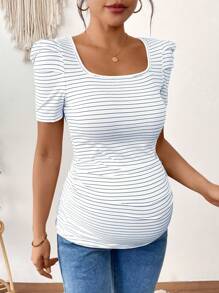 SHEIN Maternity White Base Navy Striped Short Puff Sleeve Casual T-Shirt - Multicolor - View 4