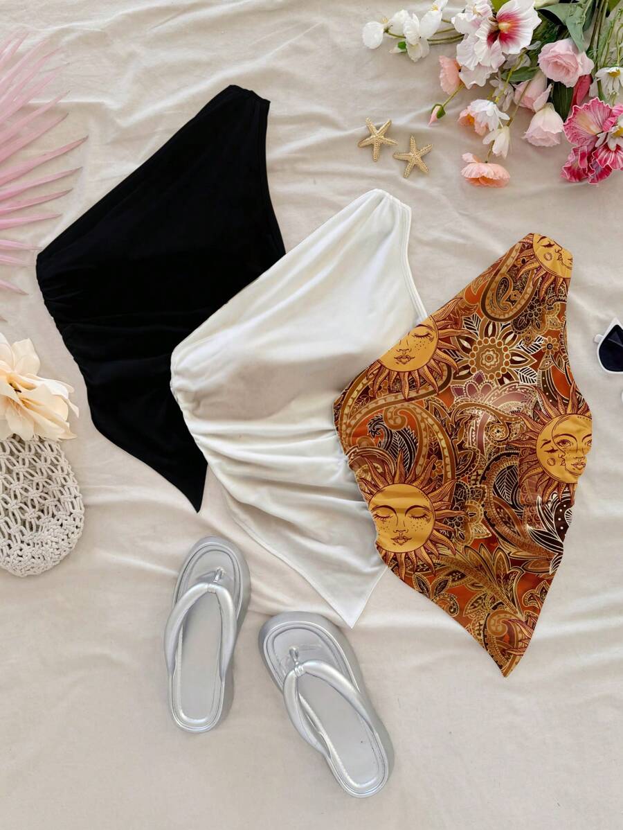 Soleia 女士海滨度假风格旭日金色佩斯利图案与纯黑白不对称下摆不对称肩部休闲衬衫套装 - 彩色 - 查看 1