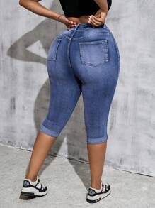 Slaydiva Jeans cortos azules con roturas y elásticos de talla grande, pantalones vaqueros casuales de ciclismo elásticos de talla grande para todo el año, jeans elásticos de talla grande con roturas y sexy de tela vaquera - Azul - Ver 2