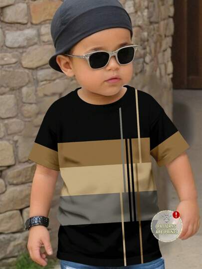 SHEIN Camiseta de manga corta holgada de cuello redondo con patrón a rayas, casual, para niño, verano