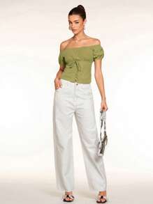 Glamine Women's Solid Color Eyelet Tie-Up Off Shoulder Short Sleeve Crop Top - Mint Green - View 3