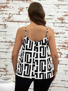 SHEIN Clasi Kamisol Longgar Kasual Motif Geometris untuk Wanita Ukuran Besar - Hitam dan Putih - View 2