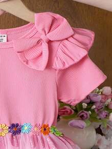 SHEIN Young Girl Pink Knit Patchwork Tulle Dress, Cap Sleeves, Candy Color Floral Waist Embellished, Pink Sparkle, Heart Mesh Sweet Princess Dress - Pink - View 5