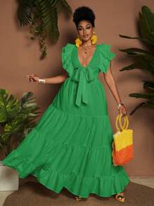 Maweii Vestido Plus Size Feminino Casual A-Line Alça, Cor Sólida - Verde - Ver 3