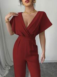 Selianne 女士优雅纯色腰部褶皱休闲连体裤 - 酒紅色 - 查看 4