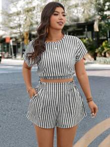 SHEIN LUNE 2 stuks Plus Size Vrouwen Casual Blauw & Wit Gestreepte Forensenoutfit Tweedelige Zomerset Zomerset Tweedelige Set Plus Size Vrouwen Zomer Boho Oud Geld Katoen
