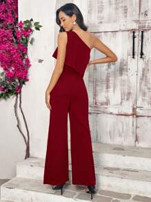 SHEIN Clasi Women's Solid Color Ruffle Trim Sleeveless Asymmetric Neck Jumpsuit, Resort Wear - Burgundy - View 2