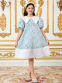 Vestido de colegiala elegante con cuello, plisado y parche con estampado floral jacquard - Blanco - Ver 8