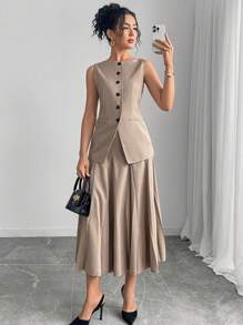 Modelyn Conjunto de 2 piezas para mujer compuesto por una chaqueta de cuello redondo sin mangas de unicolor y una falda plisada midi