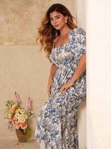 Roveilla 大码方领泡泡袖海洋元素印花长款秋千连衣裙，春夏