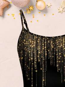 SHEIN EZwear 女士休闲简约闪光印花派对性感吊带背心紧身吊带背心 - 白色 - 查看 3