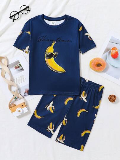 Tween Boy Cartoon Banana Print Snug Fit Crew Neck Short Sleeve Shorts 2 Pieces Pajama Set