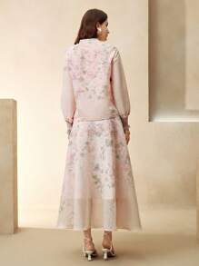 Anewsta 春夏优雅宫廷派对约会粉色碎花长袖衬衫和半裙两件套，节日春季度假女装 - 粉色 - 查看 2