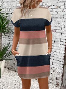 SHEIN LUNE Casual Striped Pattern Round Neck Short Sleeve Women's Summer Dress Chic Dress - Multicolor - View 7