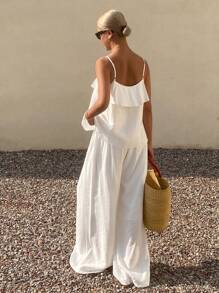 Livesso 2件套女士夏季白色时尚百搭休闲中性吊带连体裤，荷叶边度假风 - 白色 - 查看 6