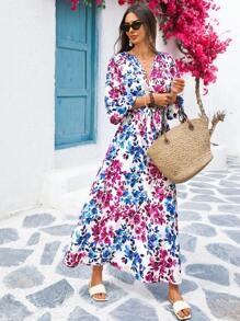 Vivid Eden 女士长款彩色花卉印花连衣裙，适合春夏季度假