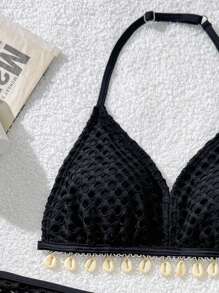 SHEIN Girls Elegant Shell Pattern  Bikini Set With Pleated Beach Coverup - Black - View 3