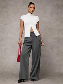 SHEIN BAE Áo thun nữ cổ bẻ tay lỡ màu trơn, cài nút đơn giản, áo thun nữ hàng ngày, áo thun Jersey cài nút - trắng - Xem 3