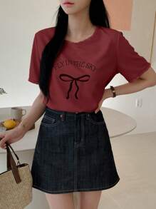 DAZY Áo thun nữ cổ tròn màu xám ngày lễ tình nhân mới mùa xuân dễ thương - Màu Đỏ Sâu - Xem 3