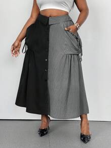 Maweii Gonna a-line casual con bottoni davanti, patchwork a righe, taglie comode