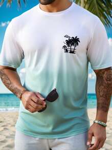 Manfinity RSRT Men's Casual Coconut Tree Ombre Print Short Sleeve T-Shirt - Baby Blue - View 1