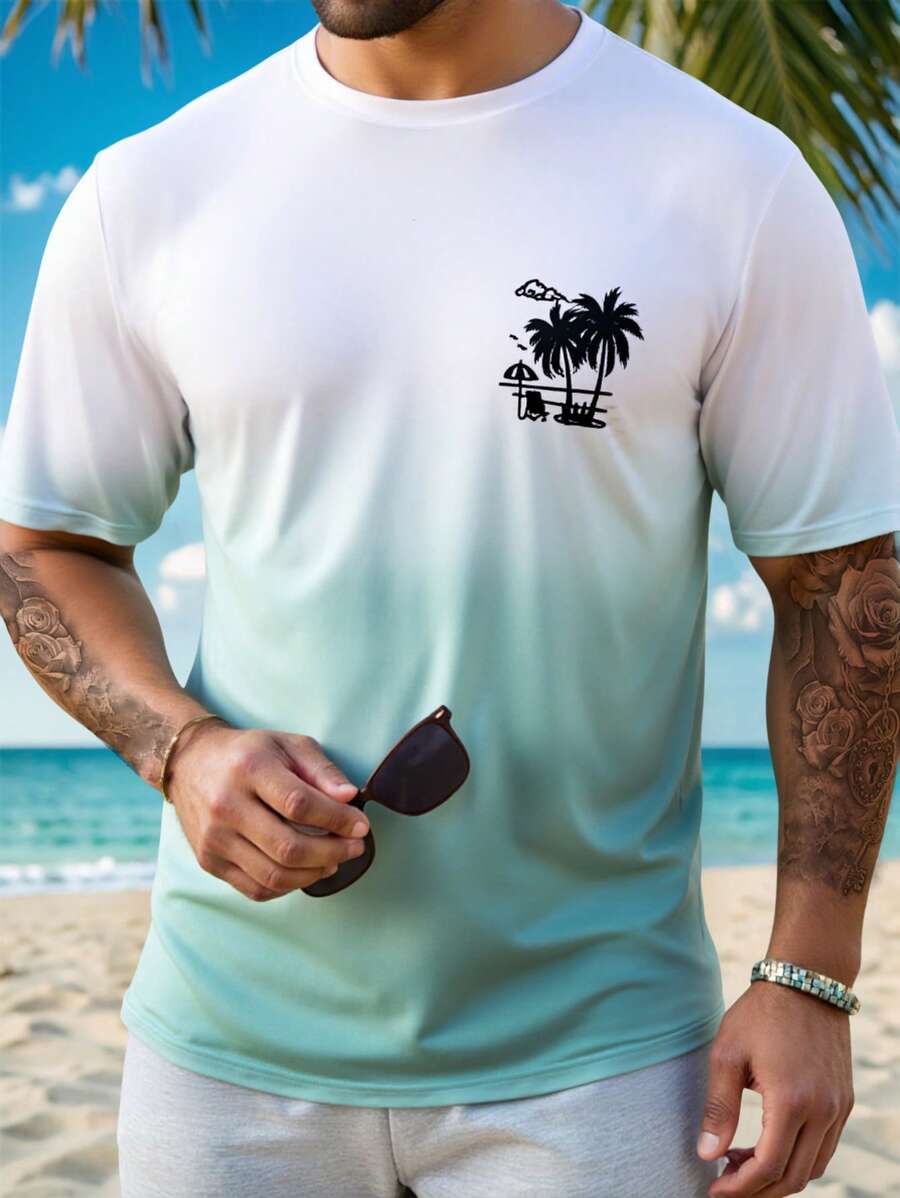 Manfinity RSRT Men's Casual Coconut Tree Ombre Print Short Sleeve T-Shirt - Baby Blue - View 1