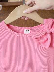 SHEIN Young Girl Pink Knit Patchwork Tulle Dress, Cap Sleeves, Candy Color Floral Waist Embellished, Pink Sparkle, Heart Mesh Sweet Princess Dress - Pink - View 3