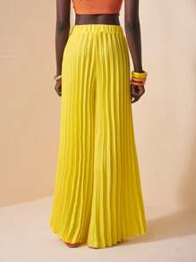 Zivah Beach Summer Elegant Elastic Waist Yellow Pleated Large Hem Extra Long Wide Leg Pants Women's Trousers-C - Yellow - View 2