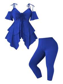 SHEIN Clasi 2pcs Plus Size Summer Casual Solid Color Open Shoulder Camisole Top And Leggings Set - Blue - View 1