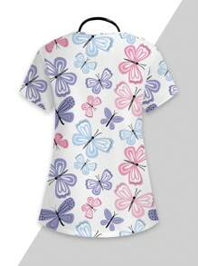 PopScrub Cute Cartoon Colored Butterfly Print Scrub Uniform Top  Print V Neck Frosted Scrub Top, Casual Short Sleeve Work Wear, Women Sweetheart V-Neck Ruched Blouse, Women Short Sleeve V-Neck Nurse Uniform Shirt With 2 Pockets, Soft Stretchy Ruched Graphic Tee V-Neck Short Sleeve Blouse For Lady Wear Women's V-Neck Short Sleeve Double Pocket Cute Cartoon Animal Pink Heart Rabbit Print Simple Nurse Uniform Set/Doctor Work Uniform Set/ Examination & Surgery Uniform Set/Solid Color Pet Grooming Work Uniform Set/Nutritionist Work Uniform Short Sleeve Set/Functional Multi-Pocket Lab Work Uniform Top